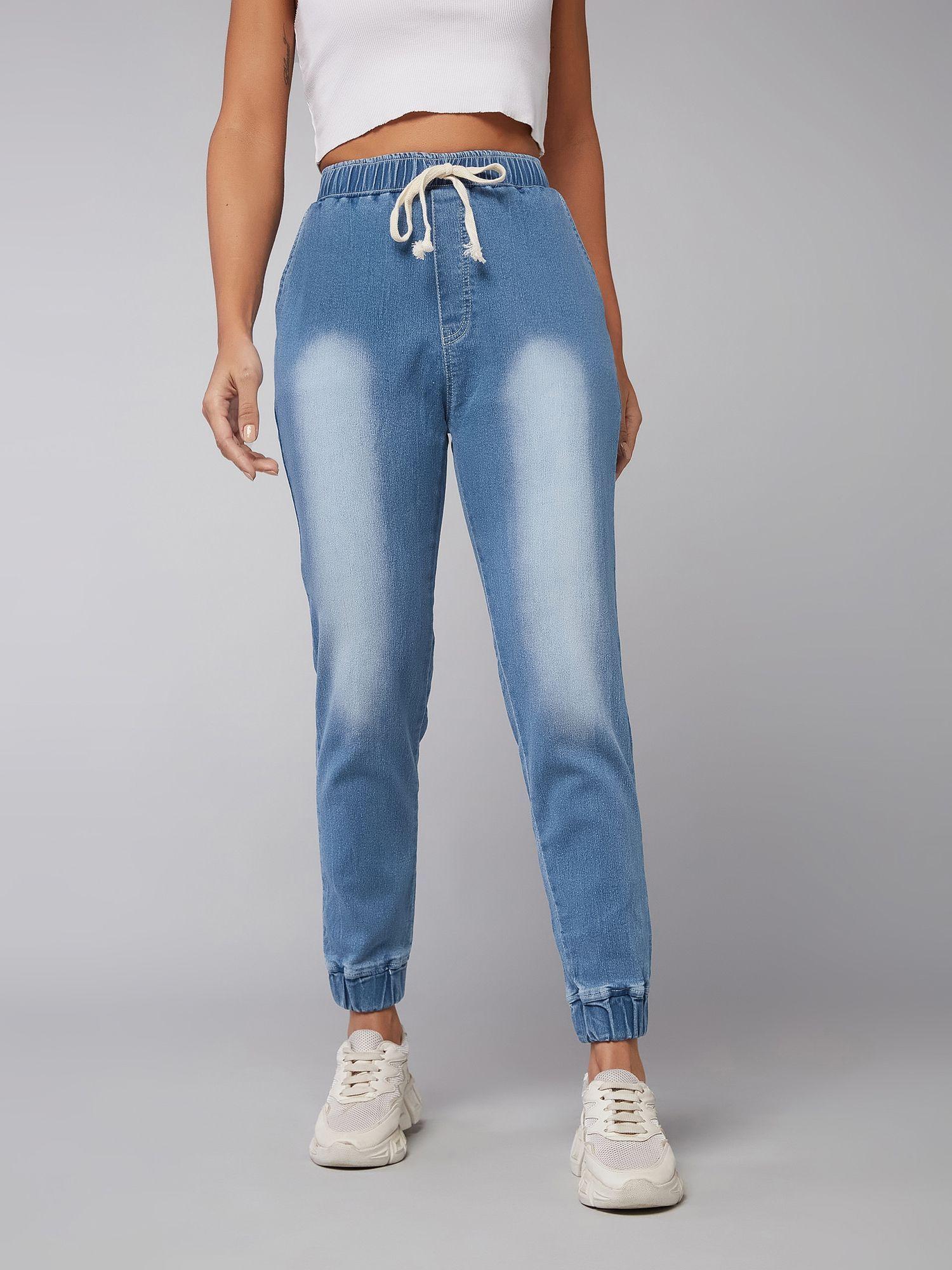 light blue mid rise regular stretchable denim jogger pant