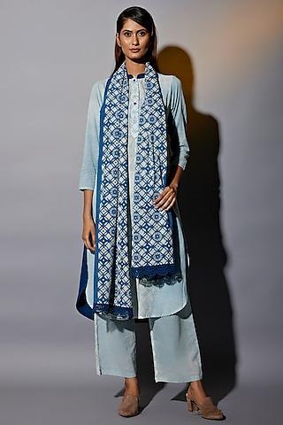 light blue natural dyed cotton blend handblock printed tunic set