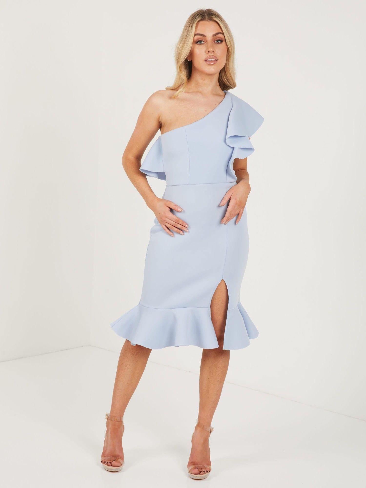 light blue one shoulder frill bodycon midi dress