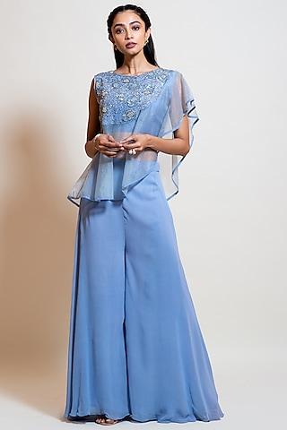 light blue organza embroidered cape set