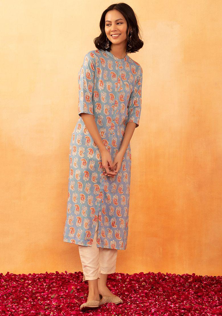 light blue paisley foil print rayon kurta