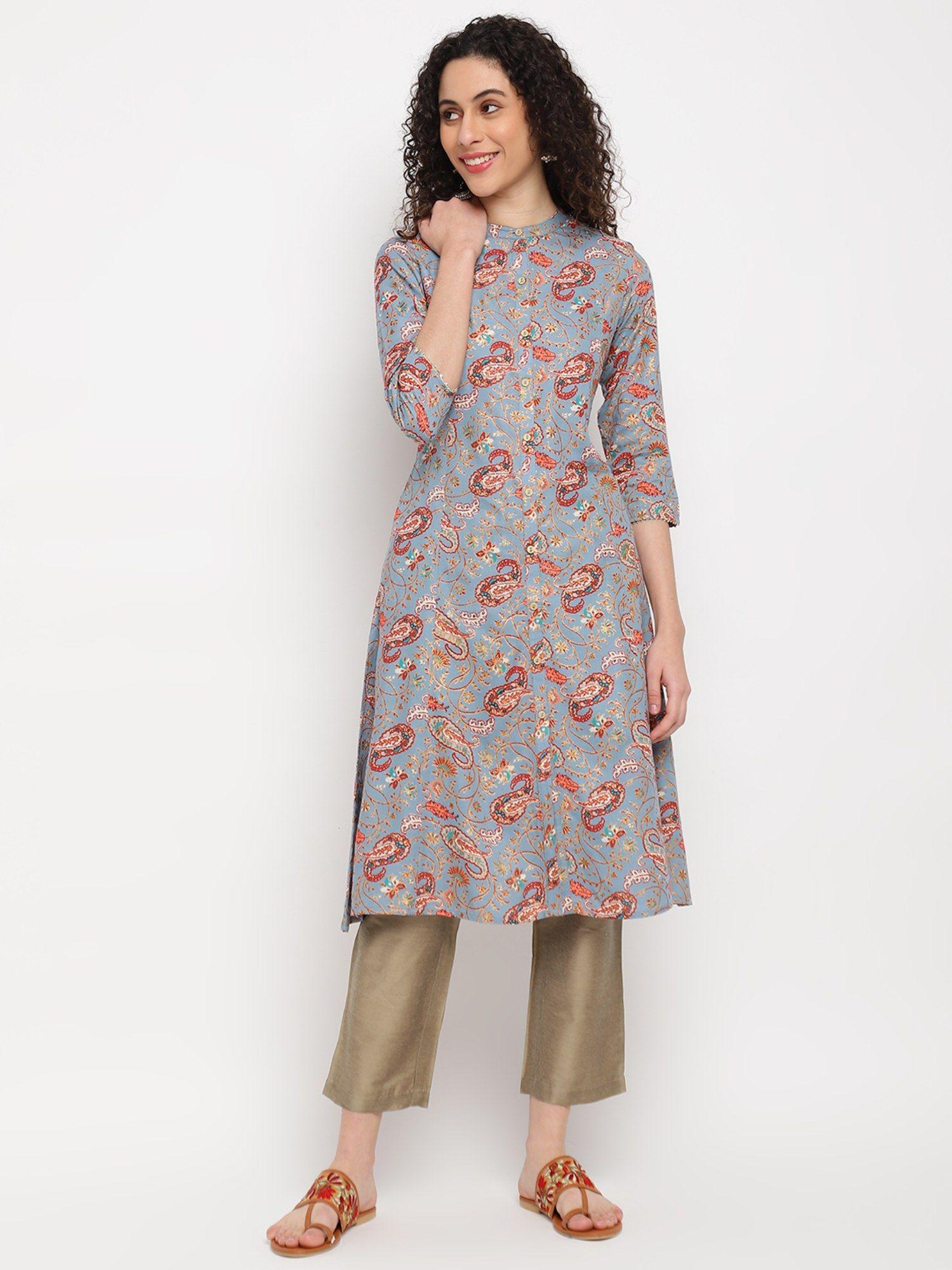 light blue paisley print a line kurta