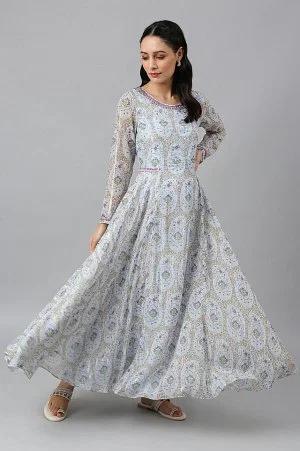 light blue paisley print chiffon dress with sequin