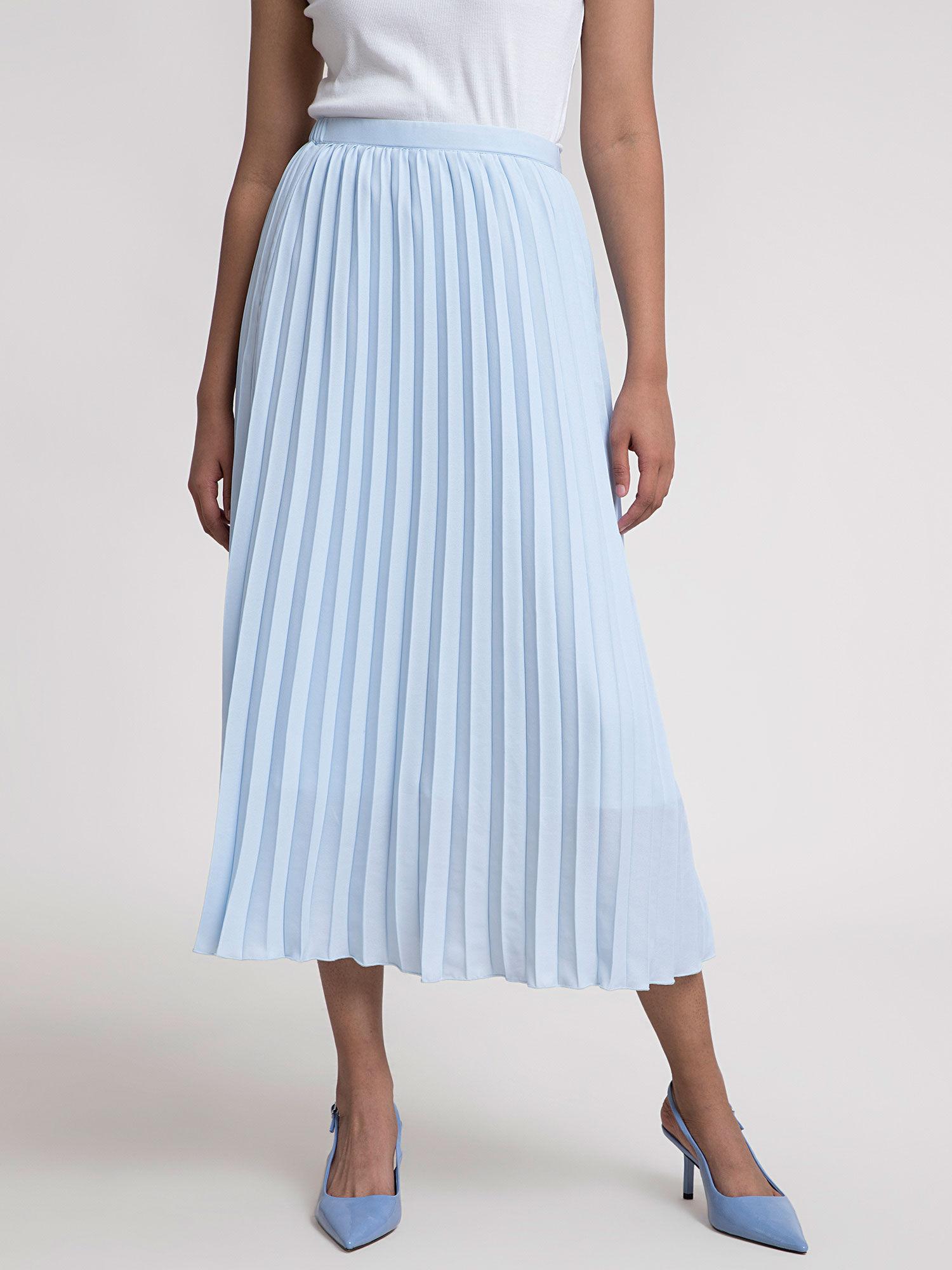 light blue pleated flared midi skirt