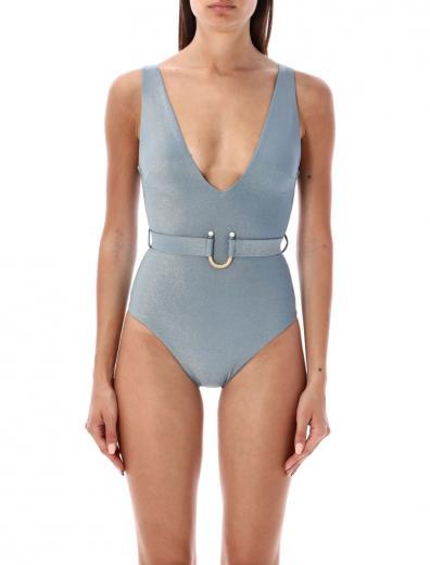 light blue plunge-neck swimsuit