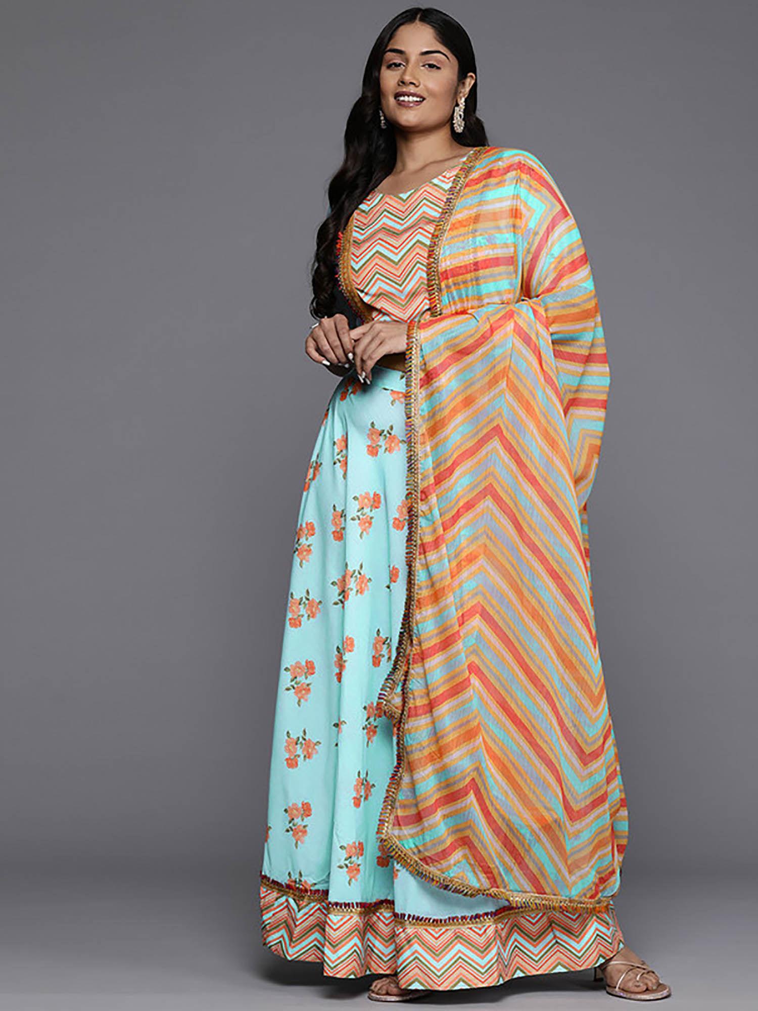 light blue plus size printed skirt with blouse and dupatta (set of 3)