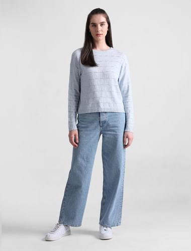 light blue pointelle knit pullover