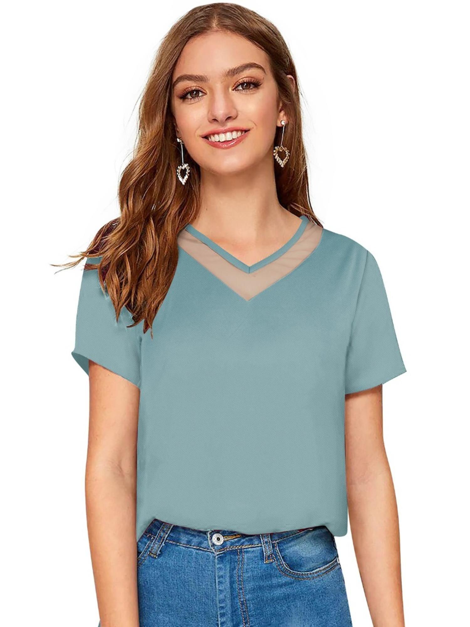 light blue polyester solid top for women