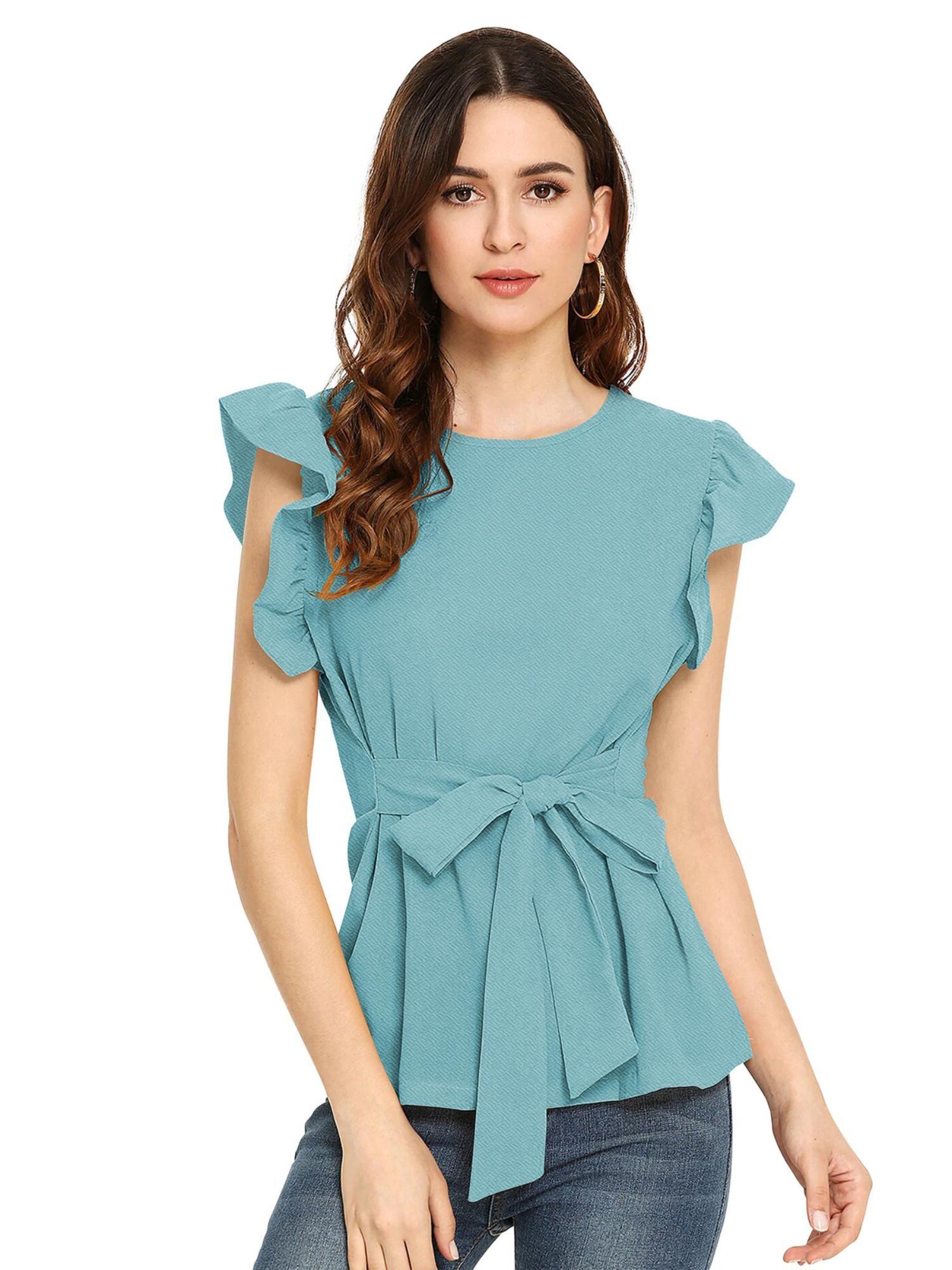 light blue polyester solid top for women