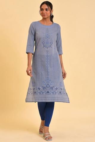 light blue print casual round neck 3/4th sleeves women regular fit kurta