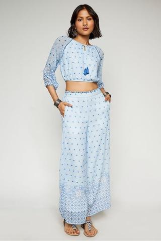 light blue print casual tie-up neck 3/4th sleeves full length women regular fit top palazzo set