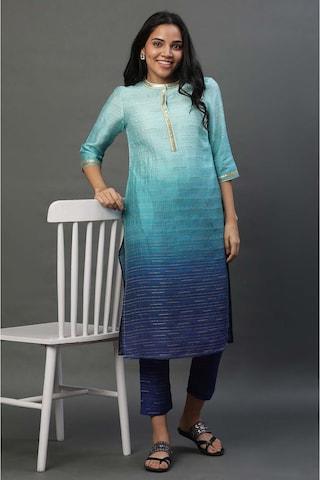 light blue print ethnic 3/4th sleeves band collar women regular fit kurta sets