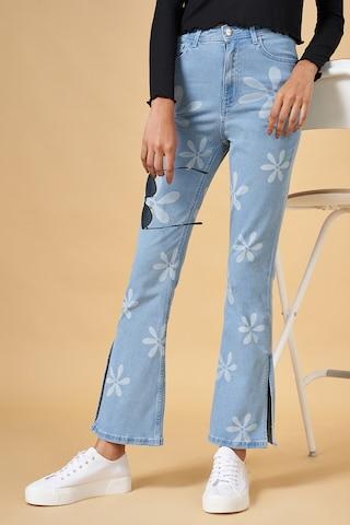 light blue print full length  casual women wide leg  jeans