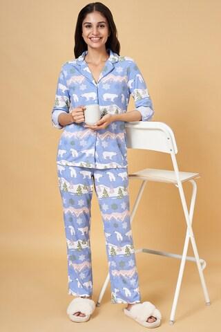 light blue print full length  sleepwear women comfort fit  t-shirt & pyjama set