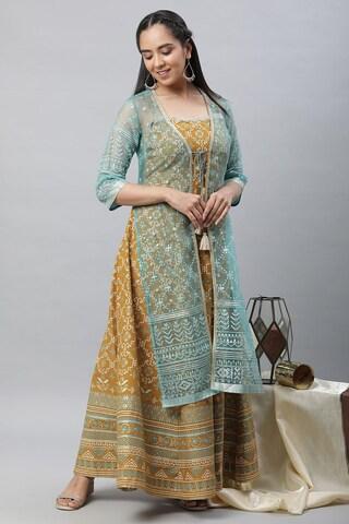 light blue print full length ethnic women regular fit dress & gilet set