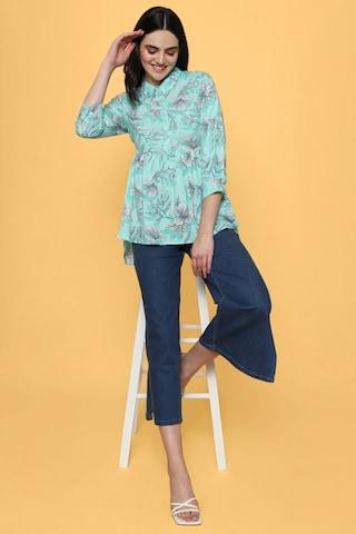 light blue print fusion 3/4th sleeves regular collar women gathered fit top