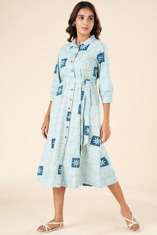 light blue print regular collar casual calf-length 3/4th sleeves women regular fit dress