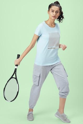 light blue printed active wear short sleeves round neck women regular fit t-shirt