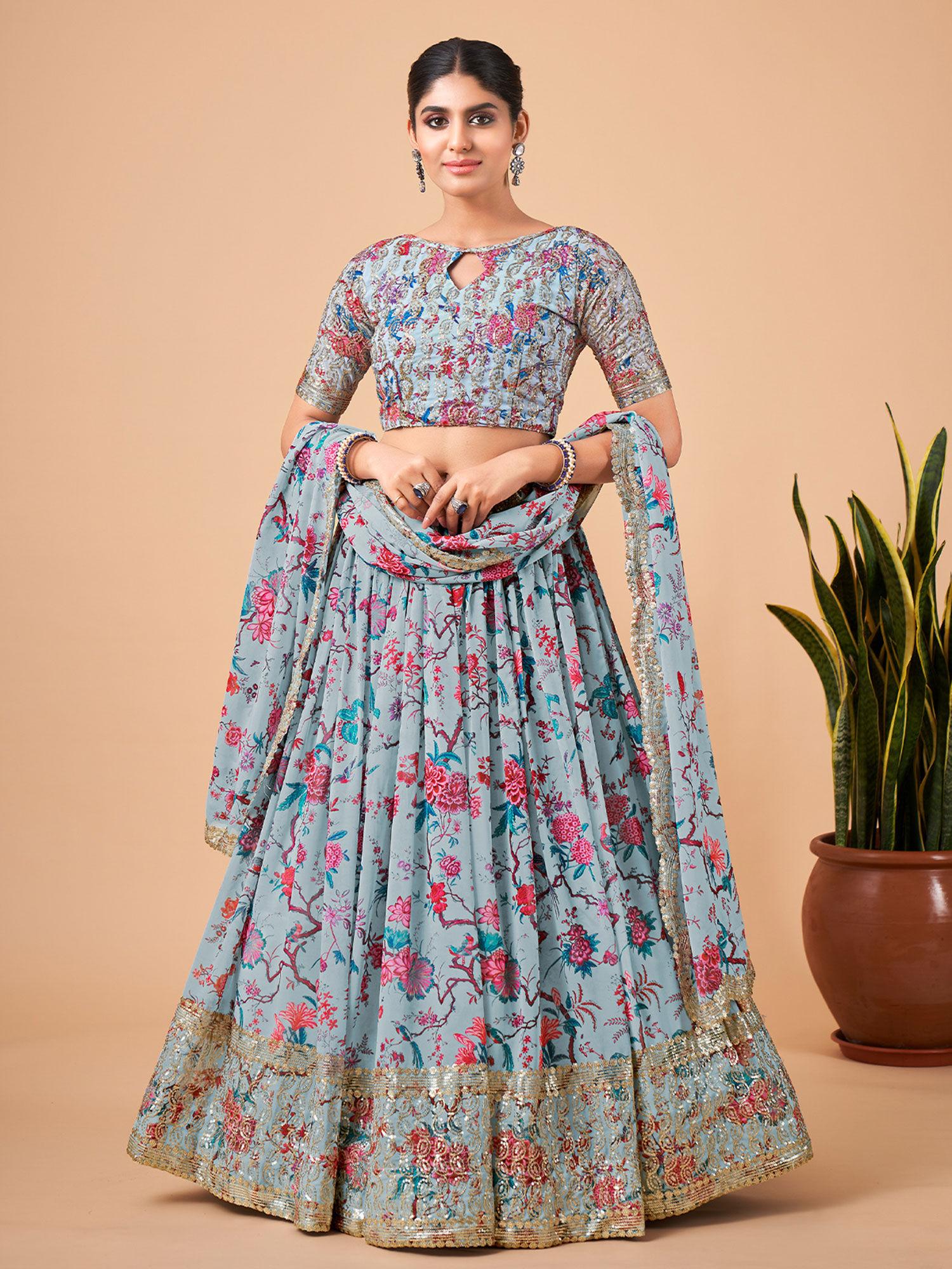 light blue printed and embroidered semi stitched lehenga with unstitched blouse (set of 3)