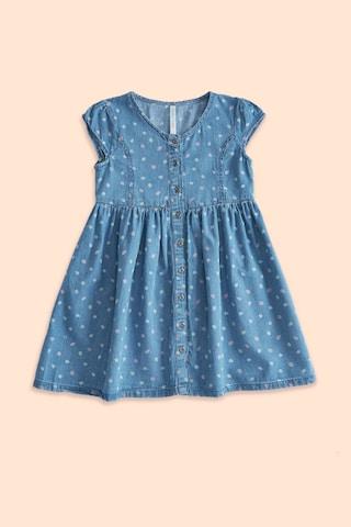light blue printed casual cap sleeves round neck girls regular fit frock