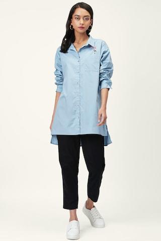 light blue printed casual full sleeves regular collar women oversized fit shirt