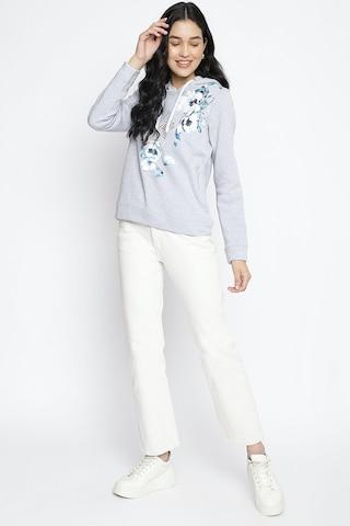 light blue printed casual full sleeves regular hood women classic fit sweatshirt
