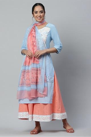 light blue printed casual round neck 3/4th sleeves ankle-length women regular fit kurta dupatta palazzo set