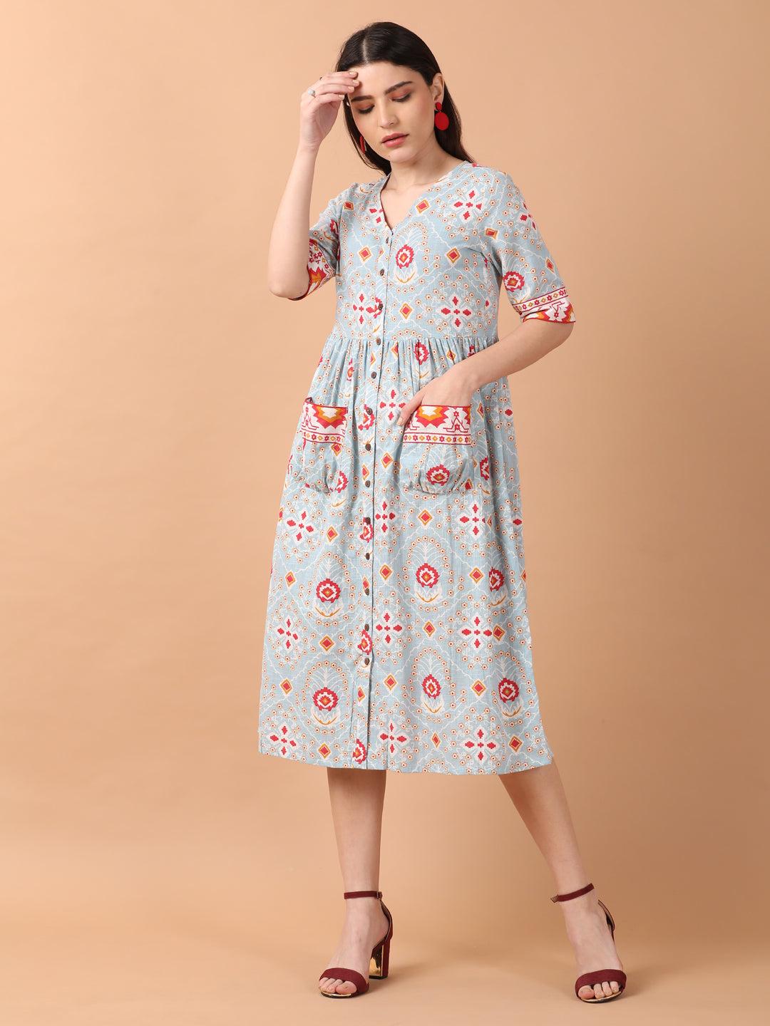 light blue printed front open dress with patch pockets