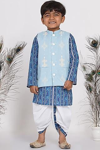 light blue printed nehru jacket with kurta set for boys