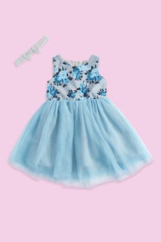 light blue printed round neck party knee length sleeveless baby regular fit dress