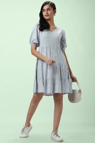 light blue printeded v neck casual thigh-length half sleeves women flared fit dress