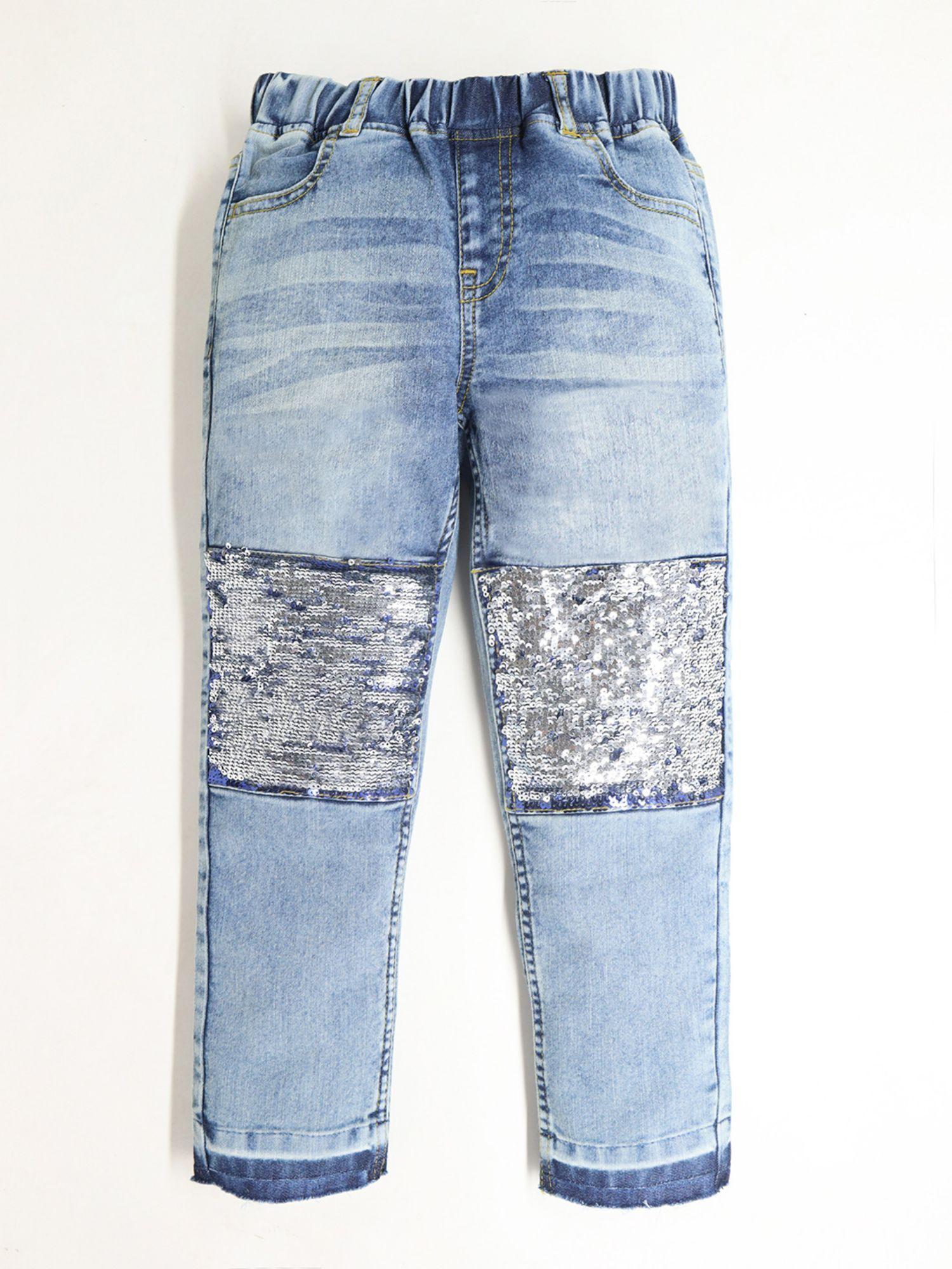 light blue regular fit stretchable sequins denim jeans