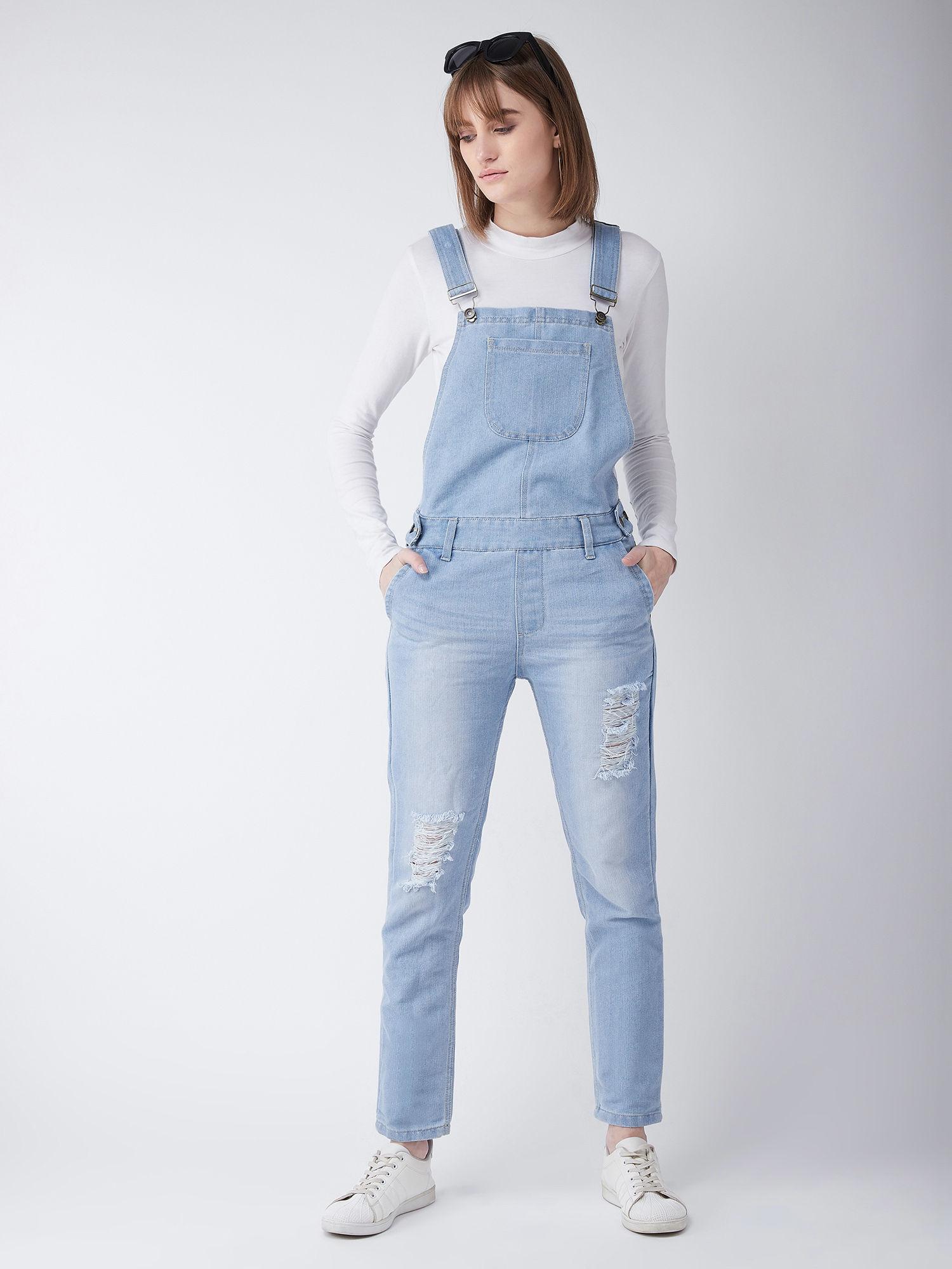 light blue ripped denim dungaree