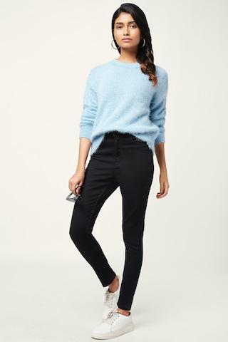 light blue self design winter wear full sleeves round neck women comfort fit sweater