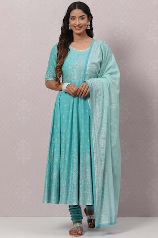 light blue sequin detail ethnic elbow sleeves round neck women regular fit churidar kurta dupatta set