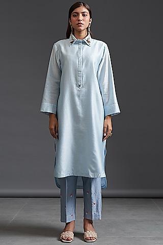 light blue silk chanderi embroidered tunic set