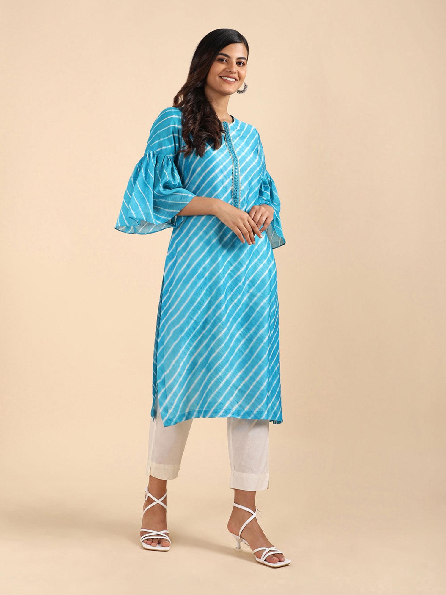 light blue silk cotton mirror work kurta