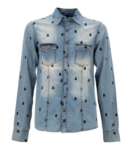 light blue skull embroidery denim shirt