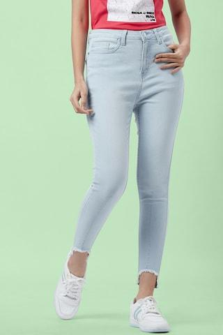 light blue solid ankle-length casual women skinny fit jeans