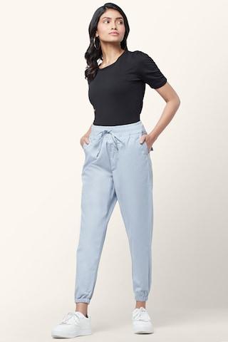 light blue solid ankle-length mid rise casual women comfort fit trousers