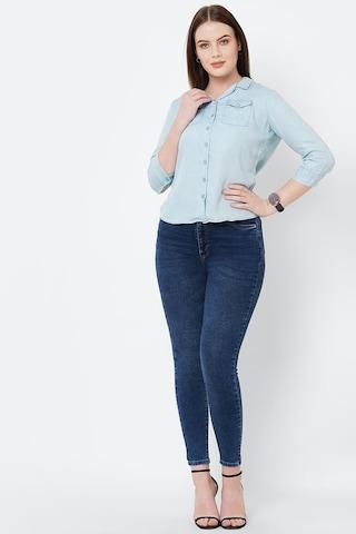light blue solid casual 3/4th sleeves regular collar women slim fit shirt