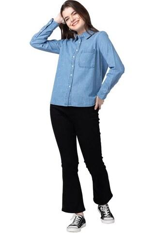 light blue solid casual full sleeves regular collar women regular fit shirt