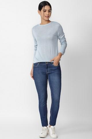 light blue solid casual full sleeves round neck women regular fit top
