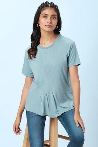 light blue solid casual half sleeves round neck women regular fit t-shirt