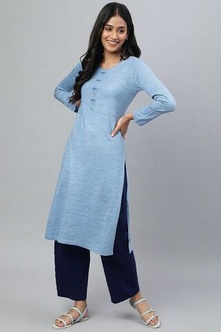 light blue solid casual round neck full sleeves women straight fit kurta