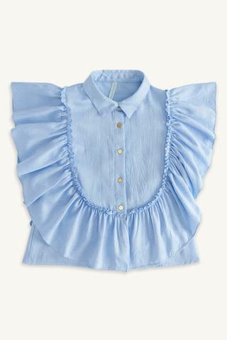 light blue solid casual sleeveless regular collar girls regular fit top