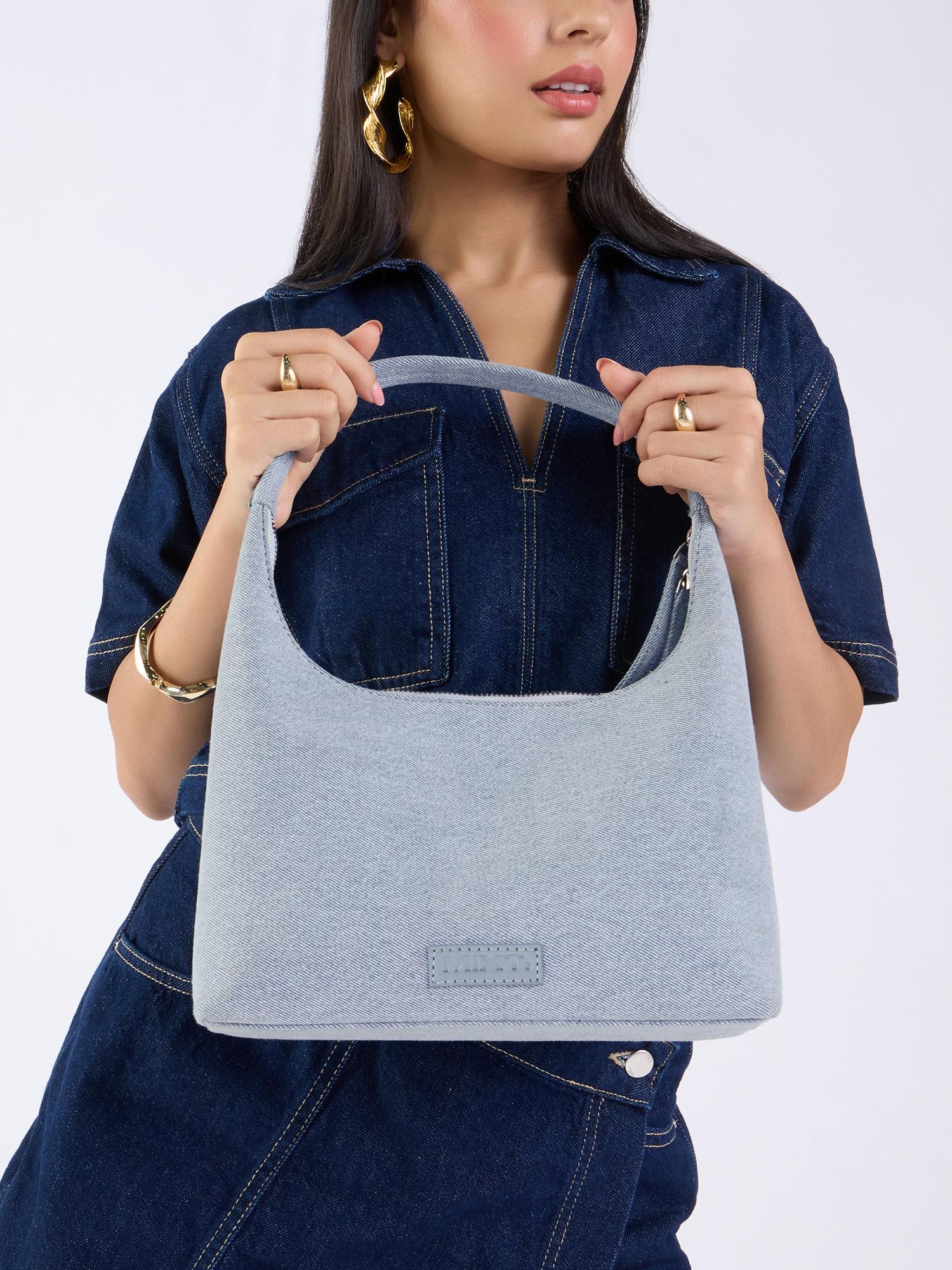 light blue solid denim hobo bag