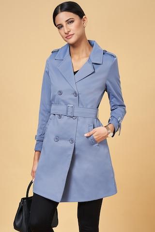 light blue solid formal full sleeves notched collar women regular fit jacket
