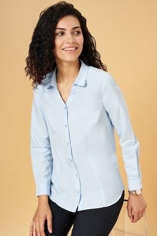 light blue solid formal full sleeves regular collar women regular fit  shirt