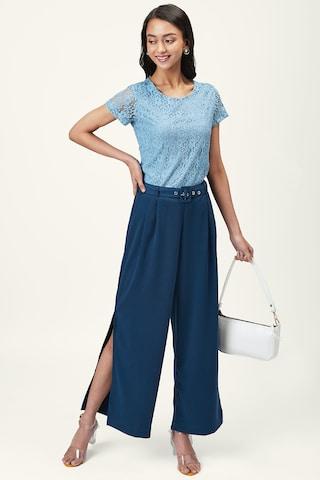 light blue solid full length casual women comfort fit trouser